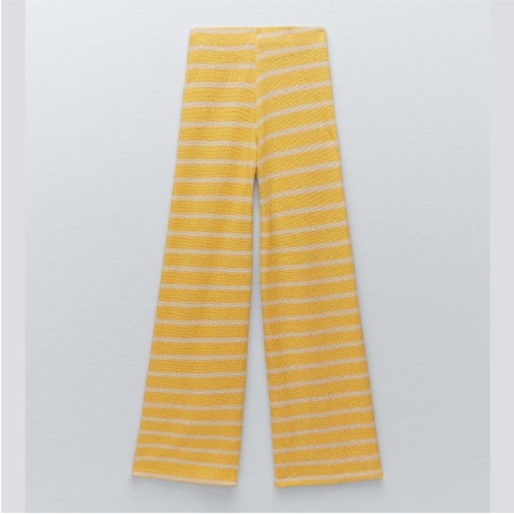 Zara Open Knit Striped Pants Yellow White Straight Leg Size Small - Picture 2 of 13